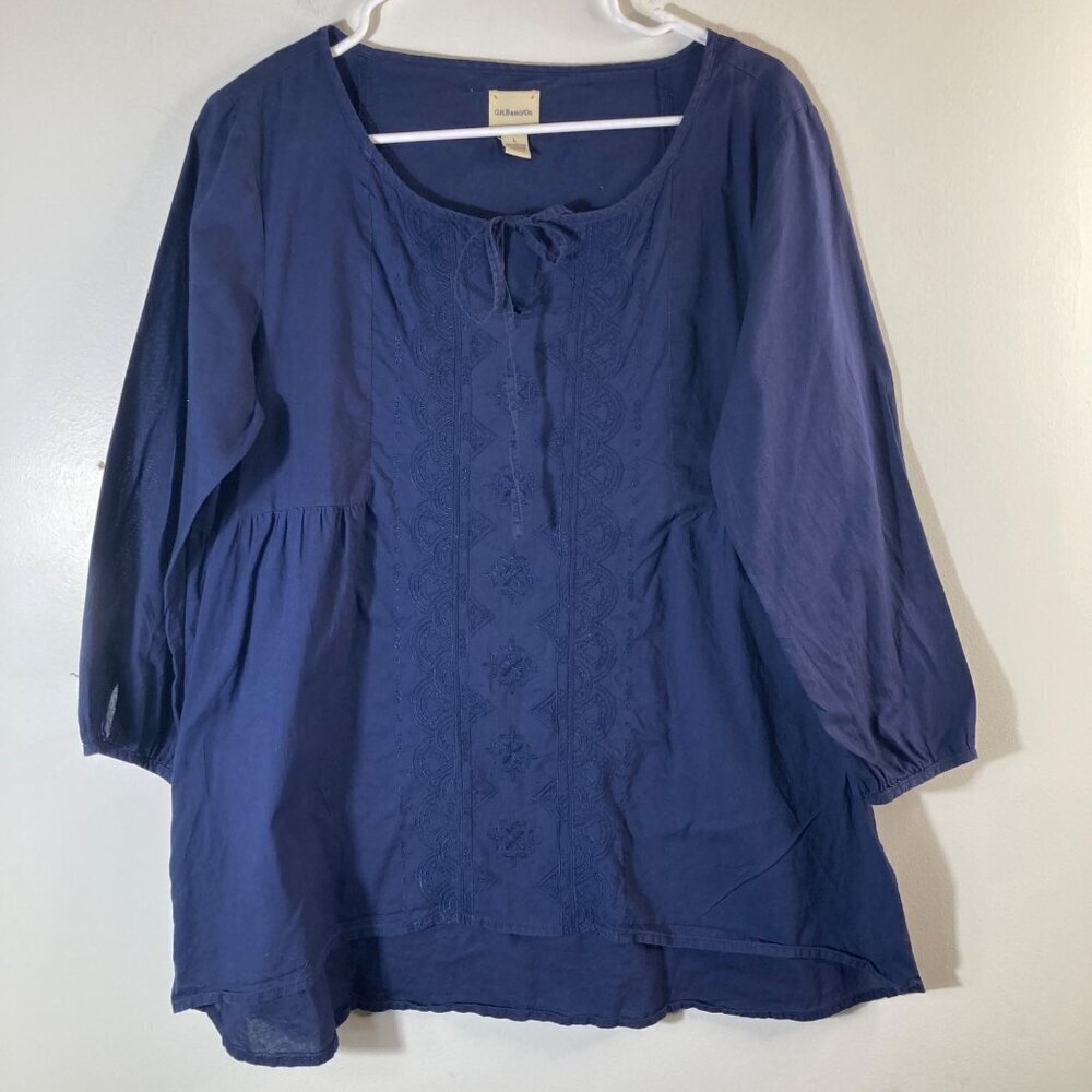 Womens GH Bass Boho‎ Embroidered Tunic 3/4 Sleeve Navy L Cotton